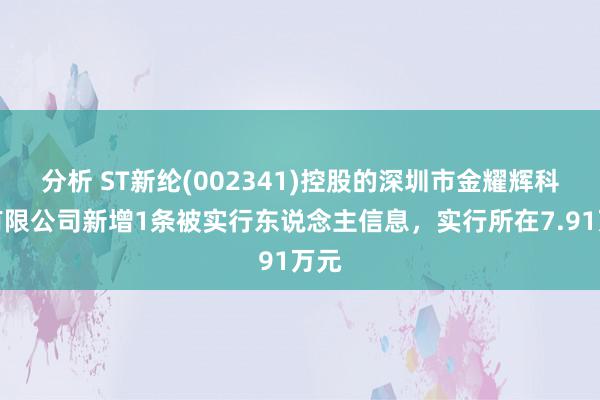 分析 ST新纶(002341)控股的深圳市金耀辉科技有限公司新增1条被实行东说念主信息，实行所在7.91万元