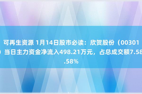 可再生资源 1月14日股市必读：欣贺股份（003016）当日主力资金净流入498.21万元，占总成交