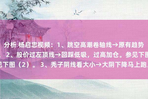 分析 杨启忠视频：1、跳空高潮卷轴线→原有趋势不改。参见下图（1）。 2、股价过左顶线→回踩低吸，过